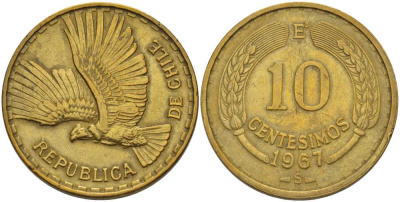 Чили 10 сентесимо 1967 Е KM 191 алюминиевая бронза 180-726