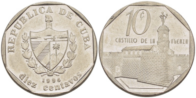 Куба 10 сентаво 1994 форт в Гаване Ла-Фуэрса KM 576.1 сталь плакированная никелем 66-662