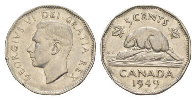 Канада 5 центов 1949 Георг VI (1936-1952), бобр KM 42 никель 4630-654