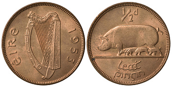 ИРЛАНДИЯ 1/2 ПЕННИ 1953 СВИНЬЯ С ПОРОСЯТАМИ KM 10 бронза UNC 4393-1253