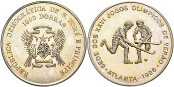 Сан-Томе и Принсипи 1000 добра 1996 XXVI Олимпийские игры 1996 года в Атланте, хоккей на траве KM 60 медно-никель PROOF 4368-1011