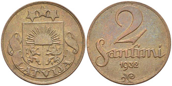 ЛАТВИЯ 2 САНТИМА 1932 ПЕРВАЯ РЕСПУБЛИКА (1918-1939) KM 2 бронза 119-143