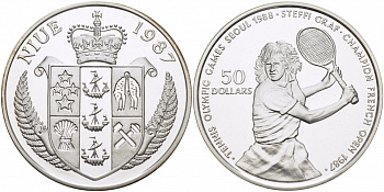 Ниуэ 50 долларов 1987 Олимпийские игры 1988 года в Сеуле, Штеффи Граф, теннис KM 6 серебро PROOF 11-090-32