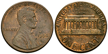 США 1 цент 1984 Линкольн KM 201b цинк плакированный медью 4136-253