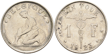 Бельгия 1 франк 1923 Belgique, Альберт I (1909-1934) KM 89 никель 4589-757