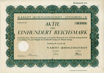 Германия 100 рейхсмарок 1928 Акционерное общество В. Креффта, Гевелсбер, акция   бумага   8803-70-1