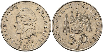 Французская Новая Каледония 50 франков 2009 хижина среди сосен и пальм, (IEOM) KM 13a, Schoen 15a, Lec 128i медно-никель 4111-825