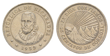 Никарагуа 25 сентаво 1952 KM 18.1 медно-никель aUNC 1528-1324
