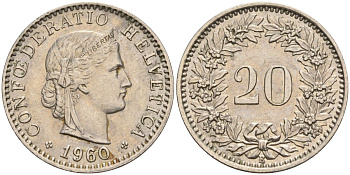 Швейцария 20 раппенов 1960 B KM 29a медно-никель 4606-752