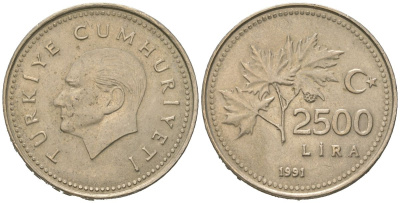 Турция 2500 лир 1991 KM 1015 никель бронза 4589-1231