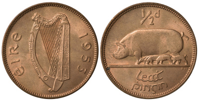 ИРЛАНДИЯ 1/2 ПЕННИ 1953 СВИНЬЯ С ПОРОСЯТАМИ KM 10 бронза UNC 4393-1253