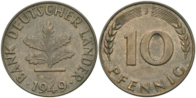 ФРГ 10 пфеннигов 1949 J KM 103, J.378 сталь плакированная латунью 4579-216