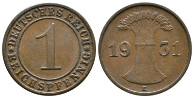 ГЕРМАНИЯ 1 РЕЙХСПФЕННИГ 1931 E KM 37, J. 313 бронза 4380-1223
