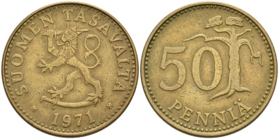 ФИНЛЯНДИЯ 50 ПЕННИ 1971 KM 48 алюминиевая бронза 4572-836