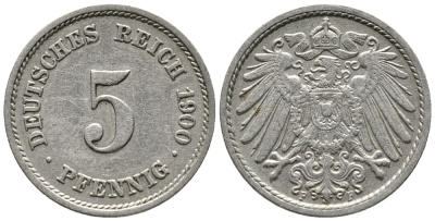 ГЕРМАНИЯ 5 ПФЕННИГОВ 1900 F KM 11, J. 12 медно-никель 39-746
