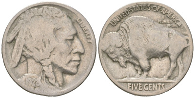 США 5 центов 1928 индеец, бизон KM 134 медно-никель 4614-1134