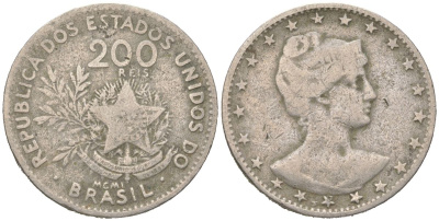 Бразилия 200 реалов 1901 MCMI, голова свободы вправо KM 504 медно-никель 4612-355