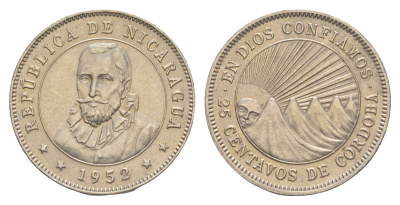 Никарагуа 25 сентаво 1952 KM 18.1 медно-никель aUNC 1528-1324