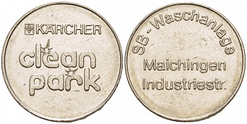 ГЕРМАНИЯ ЖЕТОН НА МОЙКУ АВТОМОБИЛЯ CLIAN PARK, LIPFART, SB-WASCHANLAGS, MAICHINGEN INDUSTRIEST белый металл 4544-836