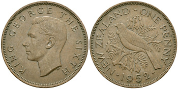 Новая Зеландия 1 пенни 1952 Георг VI (1936-1952), новозеландский туи KM 21 бронза 4120-111