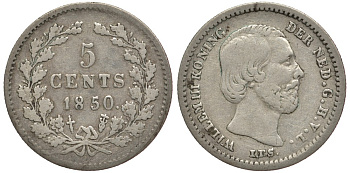 Нидерланды 5 центов 1850 Виллем III (1849-1890), точка после даты KM 91 серебро 4381-665