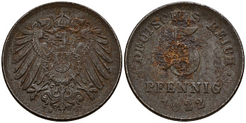 Германия 5 пфеннигов 1922 D KM 19, J. 297 железо плакированная цинком 4189-834