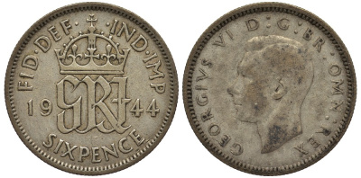Великобритания 6 пенсов 1944 Георг VI (1936-1952) KM 852, Spink 4084 серебро 4538-535
