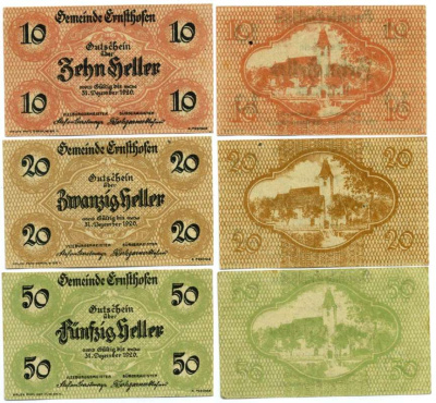 Австрия, Эрнстофен набор из 3 банкнот 10, 20, 50 геллеров 1920 31 декабря 1920, нотгельд, коммуна в земле Нижняя Австрия   бумага  UNC (пресс) 7555-23-4-1