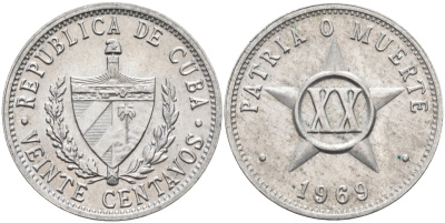 Куба 20 сентаво 1969 звезда, республика (1962-2018) KM 35 алюминий UNC 186-425