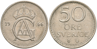 Швеция 50 эре 1966 U, Густав VI Адольф (1950-1973) KM 837 медно-никель 08-1017