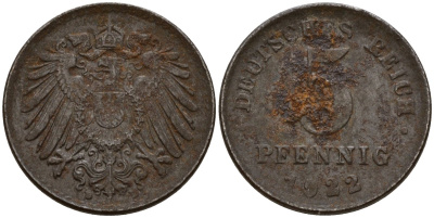 Германия 5 пфеннигов 1922 D KM 19, J. 297 железо плакированная цинком 4189-834