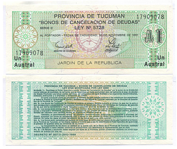 Аргентина, провинция Тукуман 1 аустраль 1991 Pick S 2711b бумага UNC (пресс) 8588-86-1-2