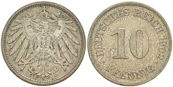 Германия 10 пфеннигов 1902 A KM 12, J. 13, Weege 8 медно-никель 259-832