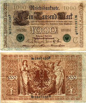 Германия 1000 марок 1910 Pick 45b бумага 6317-4-2-2