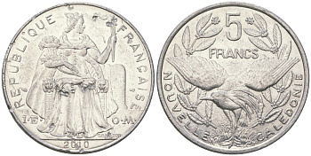 Французская Новая Каледония 5 франков 2010 птица кагу, (IEOM) KM 16, Schoen 12, Lec 81k алюминий 4111-724