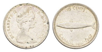 Канада 10 центов 1967 рыба, 100 лет Конфедерации Канада, Ссеребро 0.800, вес 2,3 гр, диаметр KM 67 серебро 4659-1144