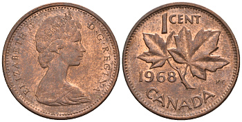 Канада 1 цент 1968 Елизавета II (1952-2022), кленовый лист KM 59.1 бронза 4609-129