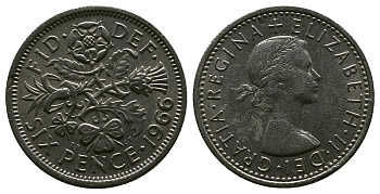 Великобритания 6 пенсов 1966 Елизавета II (1952-2022) KM 903, Spink 4149 медно-никель 4381-851