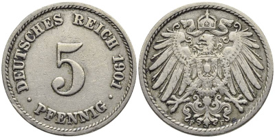 ГЕРМАНИЯ 5 ПФЕННИГОВ 1901 F KM 11, Jager 12, Weege 6 медно-никель 4547-419