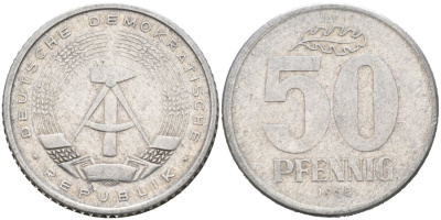 ГДР 50 пфеннигов 1958 А, БРАК ГУРТА KM 12.1 алюминий 4563-722