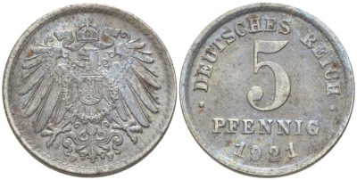 ГЕРМАНИЯ 5 ПФЕННИГОВ 1921 F KM 19, J. 297, Weege 5 железо 206-745