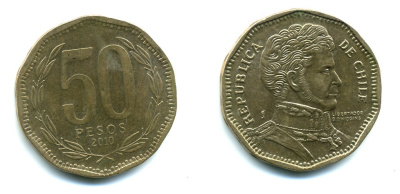 Чили 50 песо 2010 Бернардо О’Хиггинс KM 219.2 алюминиевая бронза 35-642