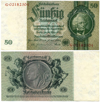 ГЕРМАНИЯ 50 РЕЙХСМАРОК 1945 Pick 182b бумага аUNC 7214-5-2