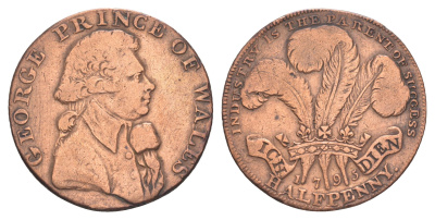 Великобритания, Мидлсекс 1/2 пенни 1795 Национальная серия - Принц Уэльский, гурт - надпись, токен Dalton & Hamer 962 медь 3711-821