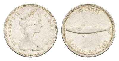 Канада 10 центов 1967 рыба, 100 лет Конфедерации Канада, Ссеребро 0.800, вес 2,3 гр, диаметр KM 67 серебро 4659-1144