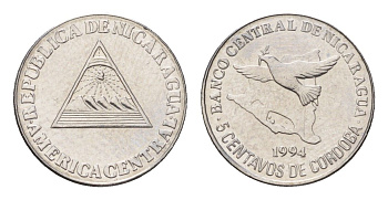 Никарагуа 5 сентаво 1994 голубь мира KM 80 хромированная сталь UNC 4685-559