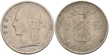 БЕЛЬГИЯ 1 ФРАНК 1954 BELGIE KM 143.1 медно-никель 4563-1214