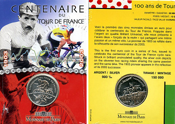 Франция 1/4 евро 2003 100 лет велогонкам "Тур де Франс", запайка, оригинальный картонный буклет KM 1995 серебро BUNC 1-6-4-26