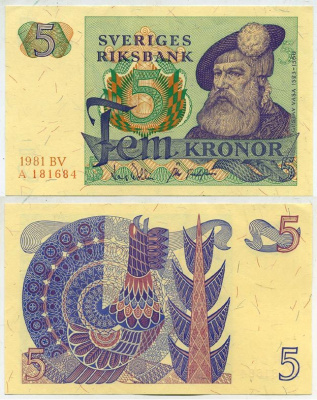 Швеция 5 крон 1981 BV, Густав I Ваза Pick 51d бумага aUNC 444-40-3