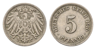 Германия 5 пфеннигов 1910 D, Вильгельм II (1888-1918) KM 11, J. 12 медно-никель 4636-216